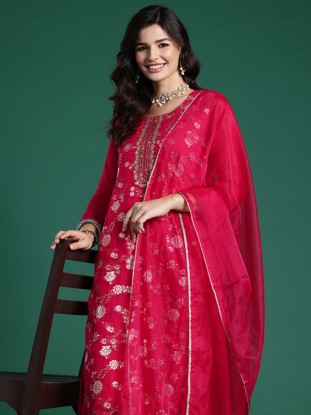 Indo Era Women Floral Embroidered Kurta With Trousers & Dupatta