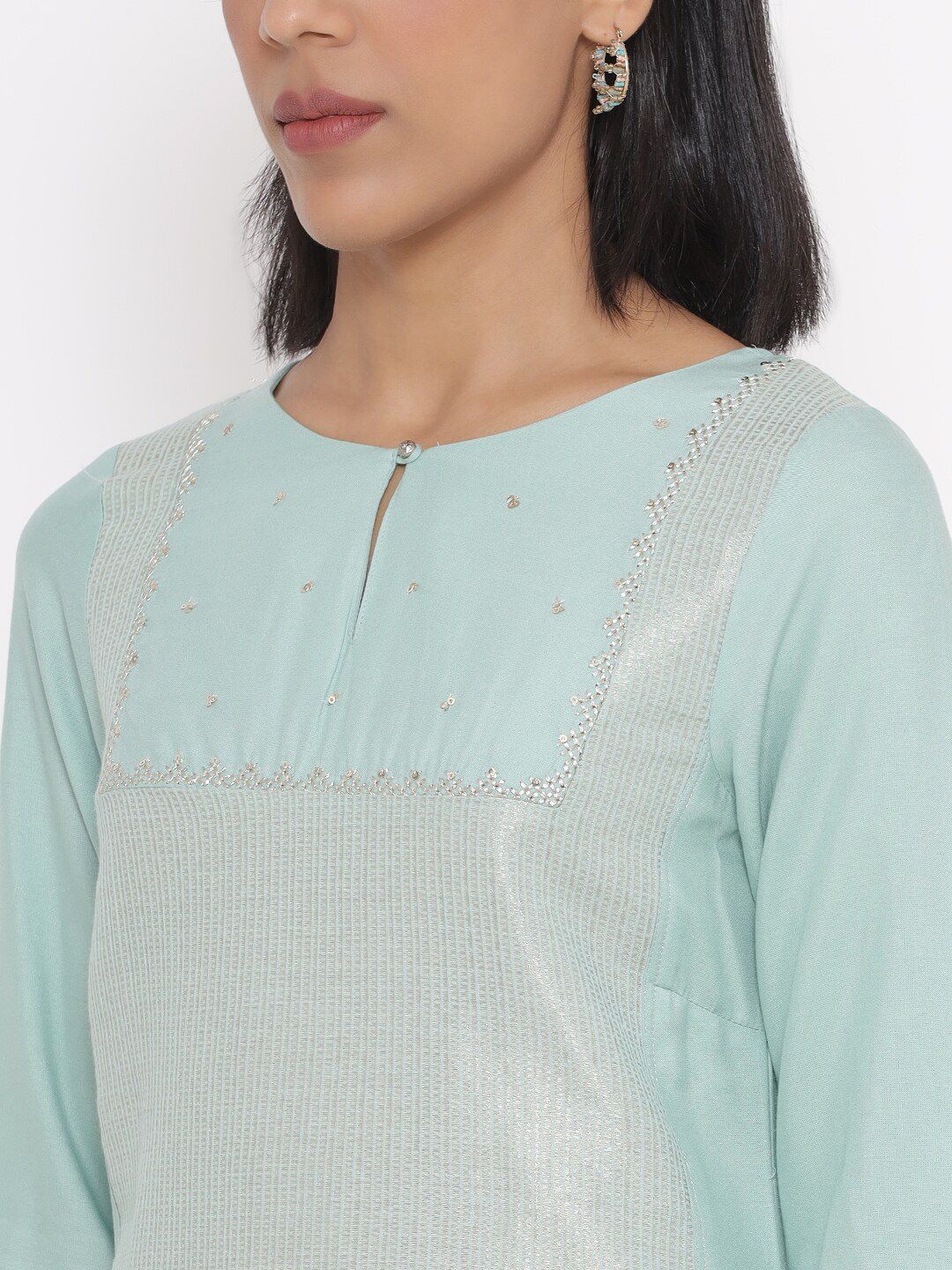 W Women Jacquard Kurta with Embroidered Yoke