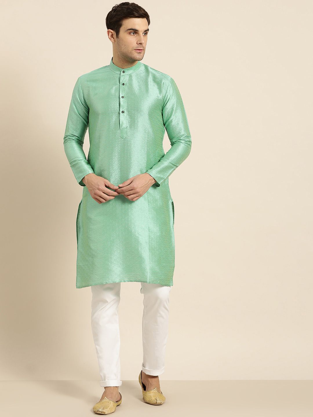 SOJANYA Lelaki Sea Green Woven Design Kurta Lurus