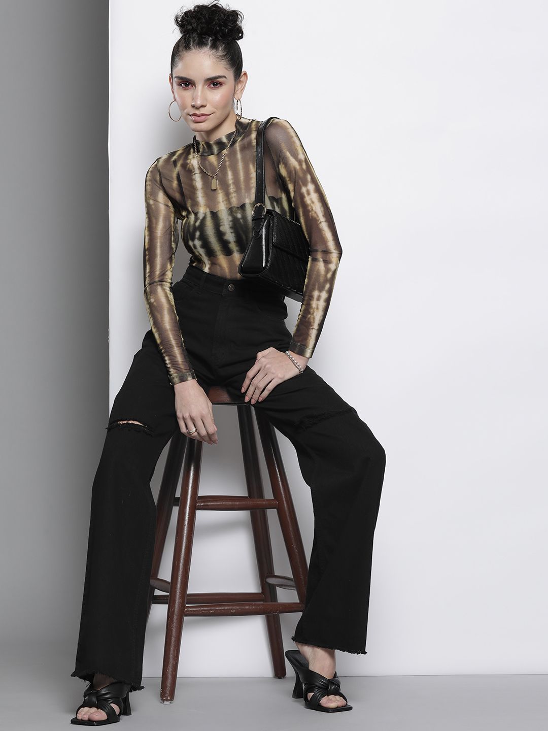 SASSAFRAS Black Comfort Straight Fit High-Rise Cotton Slash Knee Jeans