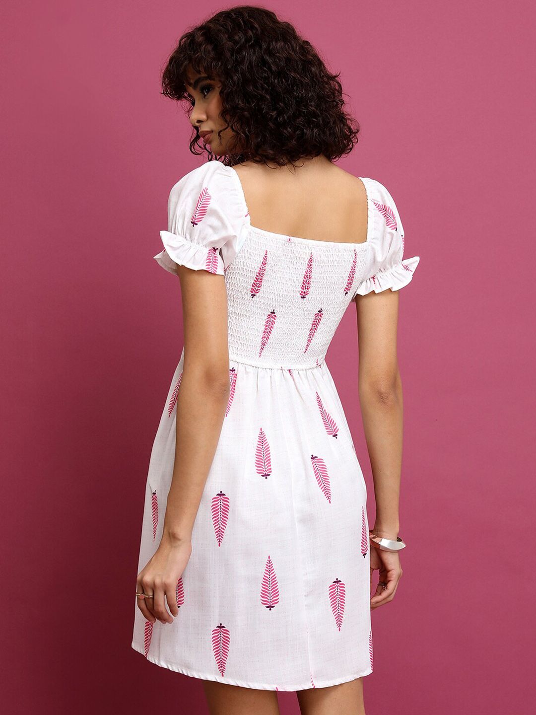 Vishudh White Ethnic Motif Printed PuffSleeve Fit & Flare Dress