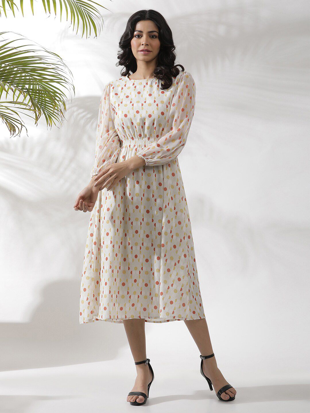 W Polka Dots Print Puff Sleeve Fit & Flare Midi Dress