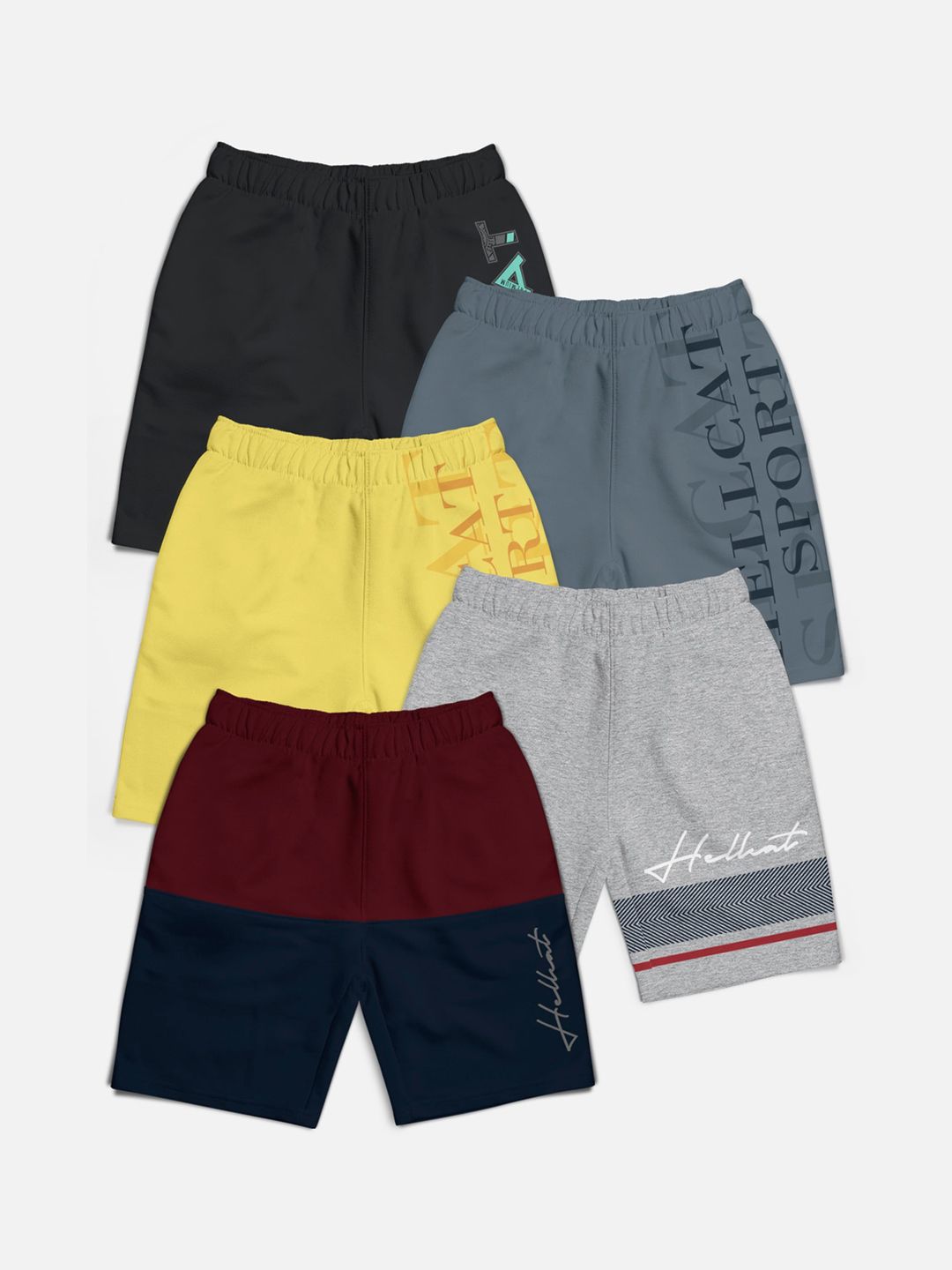 HELLCAT Boys Pack Of 5 Mid-Rise Colourblocked Cotton Shorts
