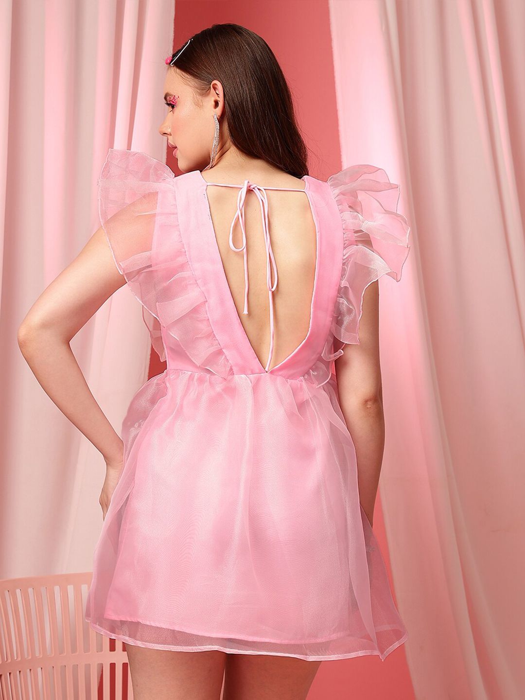 STREET 9 Tie-Up Detailed Square Neck Flutter Sleeves A-Line  Dress