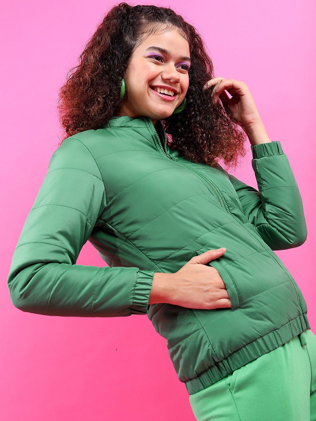 Tokyo Talkies Women Green Puffer Jacket