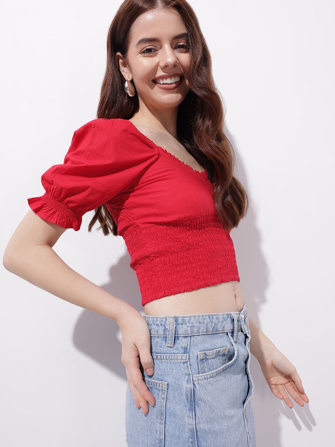 DressBerry Cherry Red Date Night Diva Smocked Crop Top