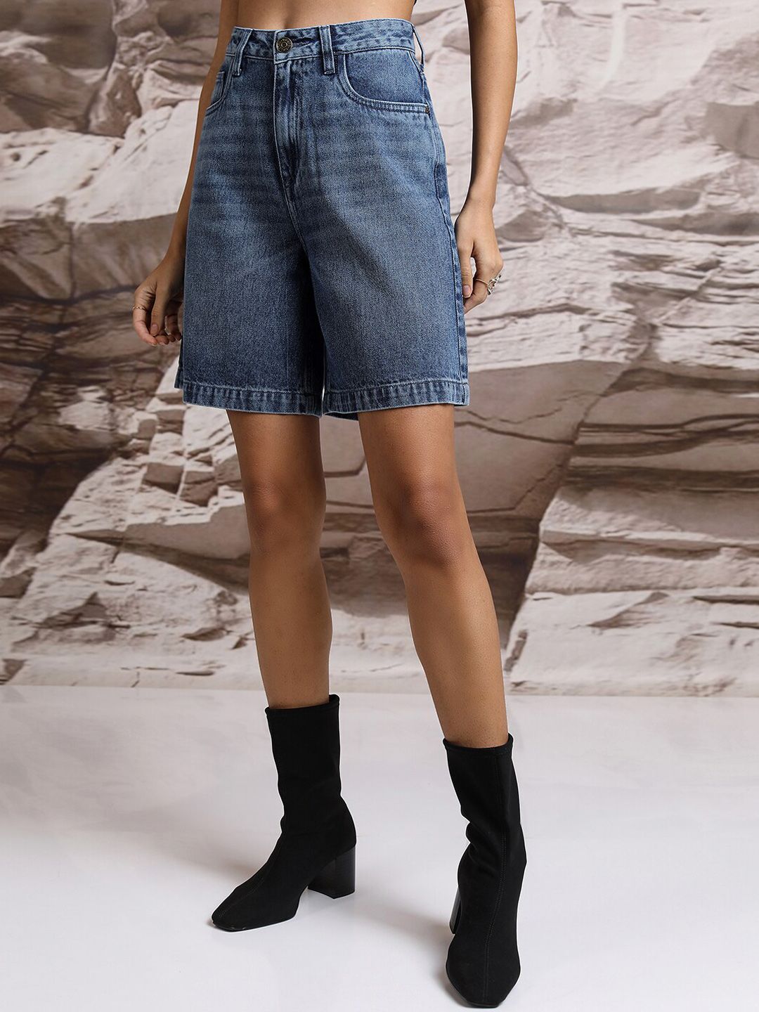 Tokyo Talkies Women Blue High Rise Cotton Denim Shorts