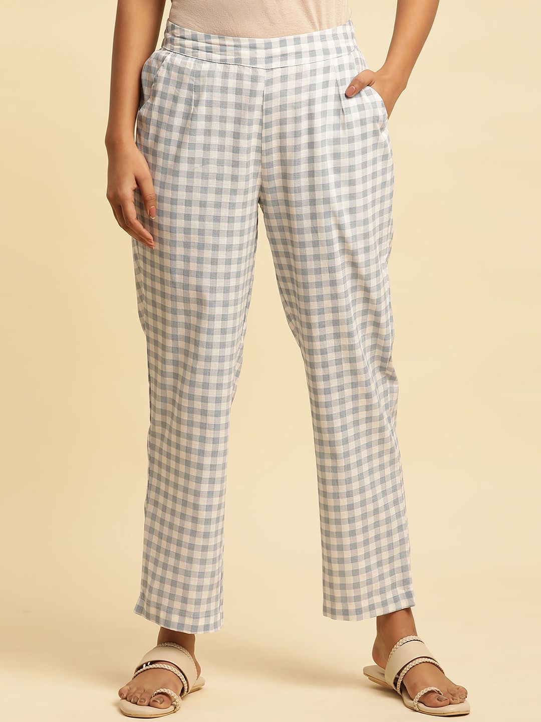 W Women Checked Straight Fit Ethnic Trousers