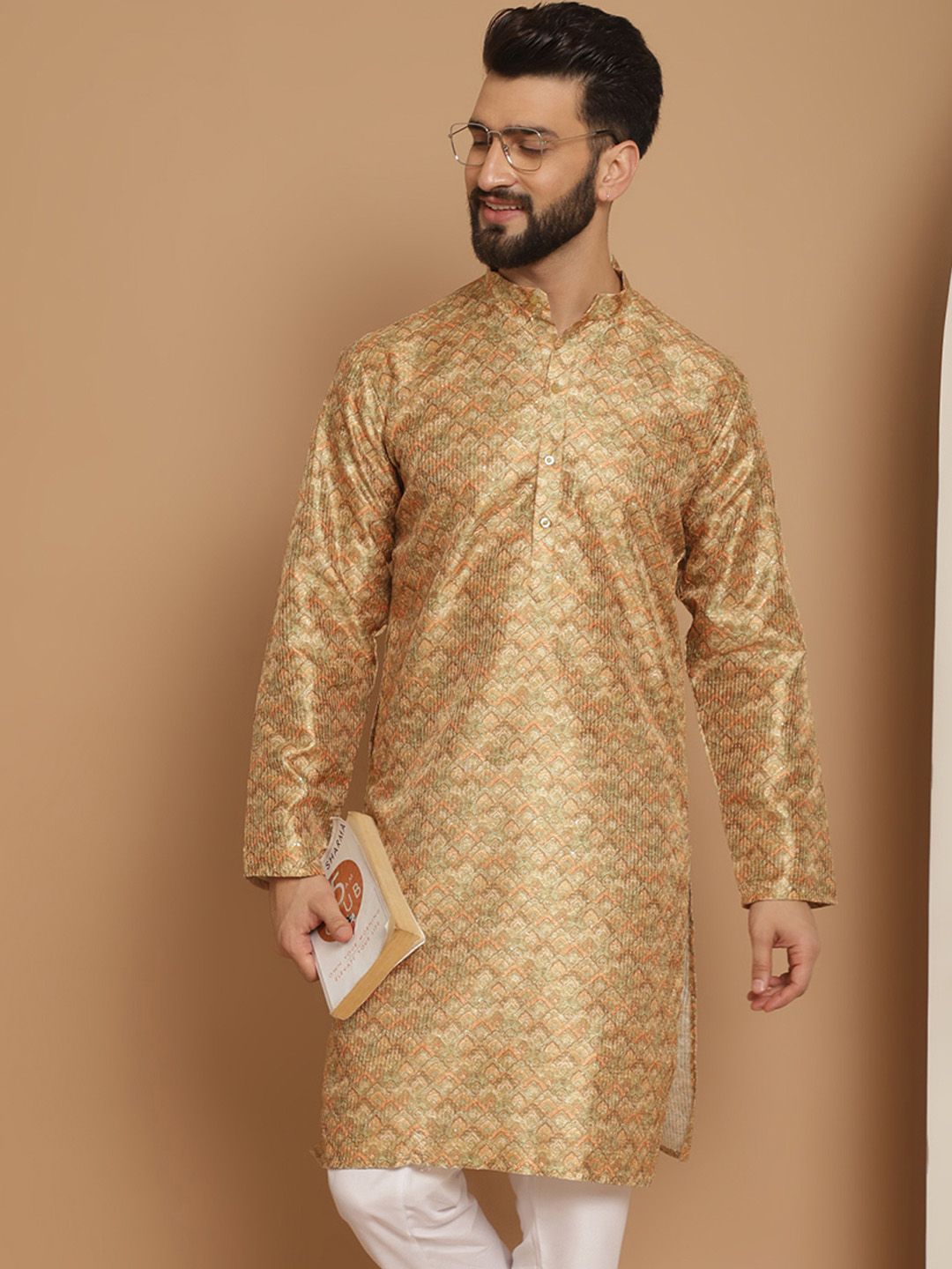 Anouk Men Mustard Yellow Ethnic Motifs Thread Work Pathani Kurta