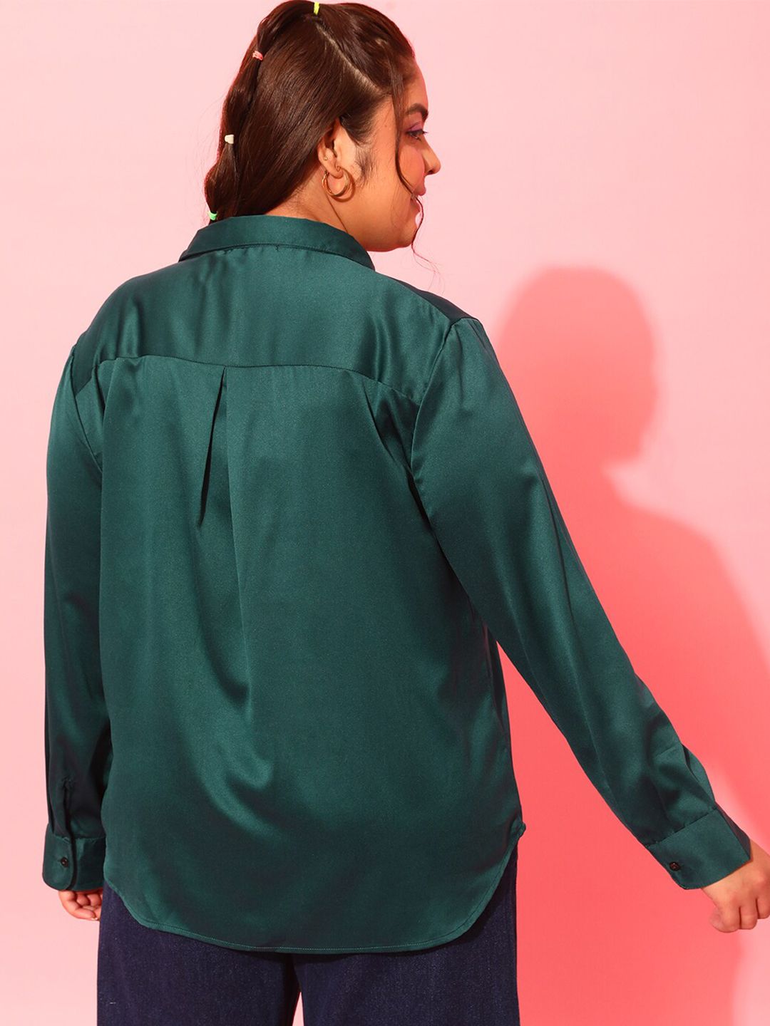 CURVY STREET Plus Size Green Classic Satin Casual Shirt