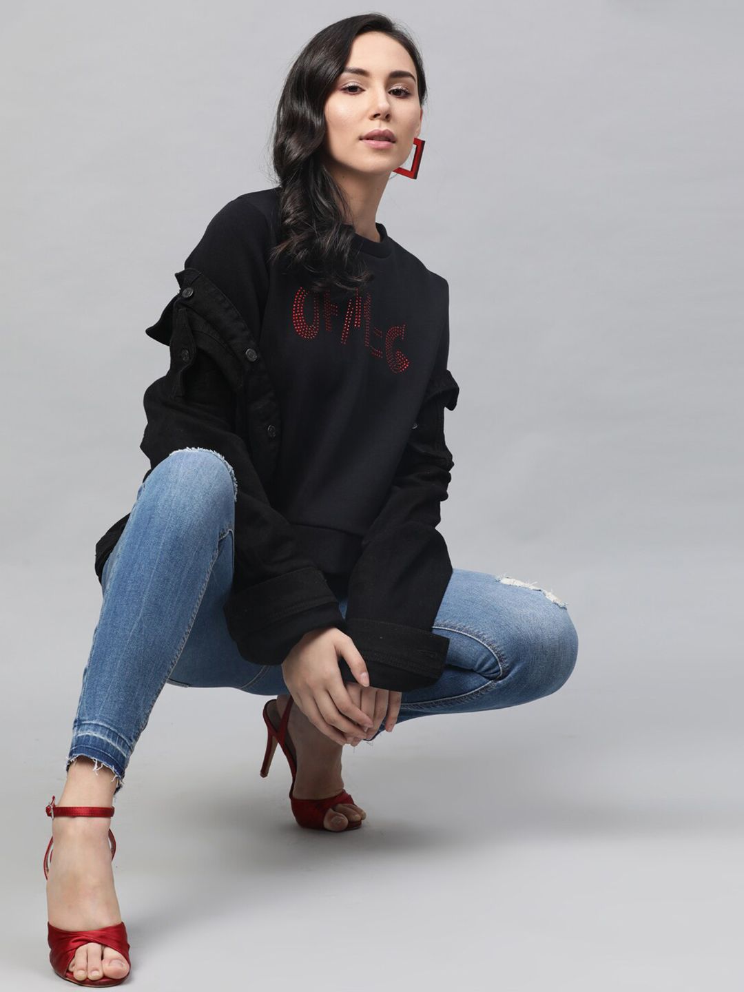 STREET 9 Women Black & Red Printed Sweatshirt