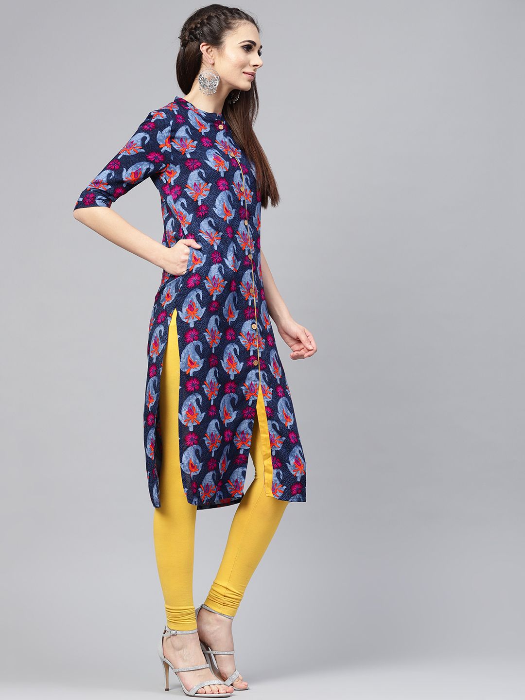 SOJANYA Kurta Lurus Bercetak Biru Laut & Merah Jambu Wanita