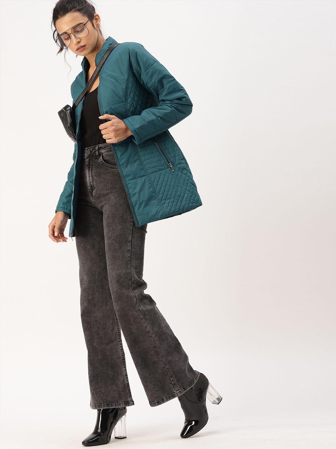 DressBerry Women Teal Blue Solid Windcheater Padded Jacket