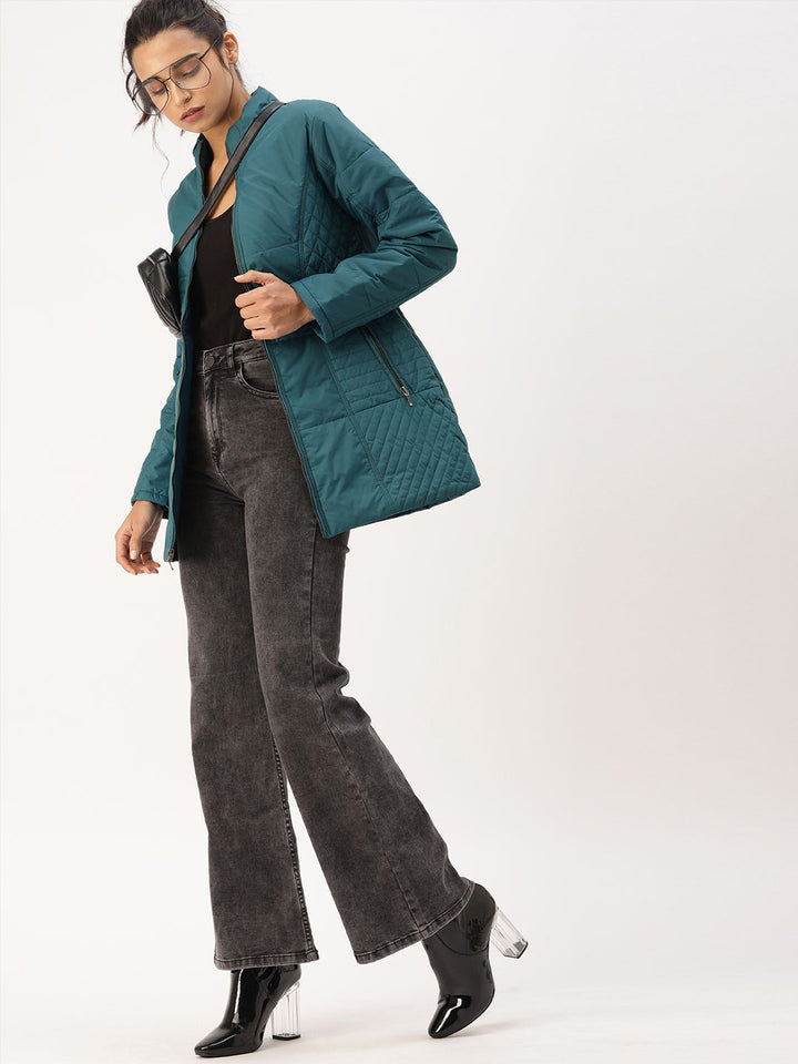DressBerry Women Teal Blue Solid Windcheater Padded Jacket