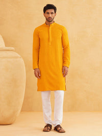 SOJANYA Men Mustard Yellow Thread Work Kurta