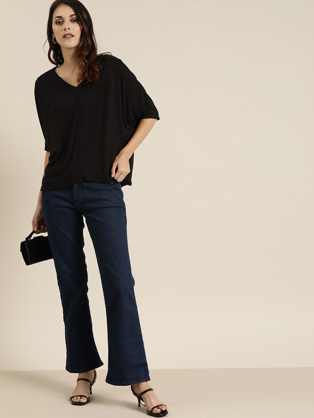 all about you Women Black Solid V-Neck T-shirt