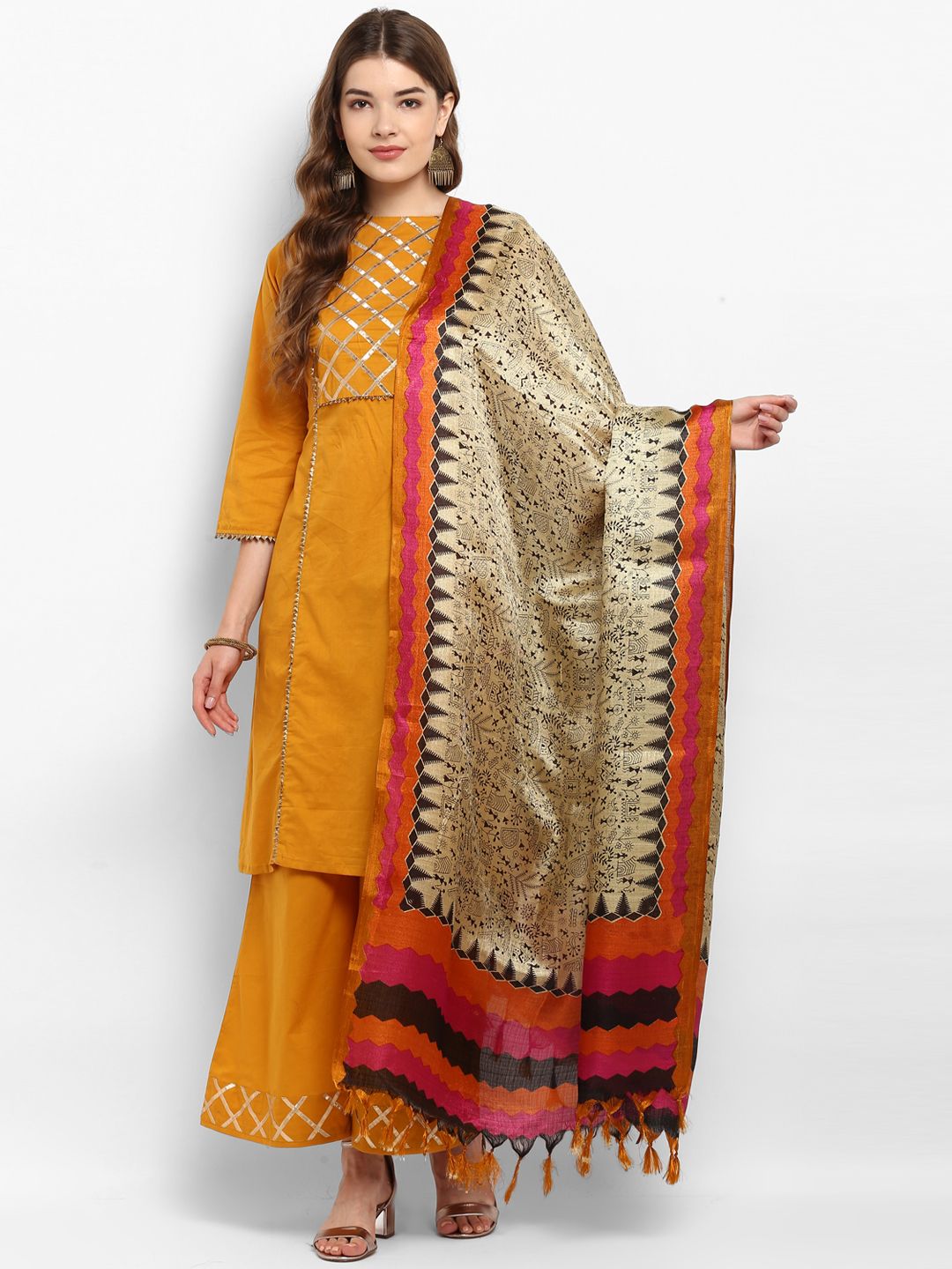Saree mall Cream-Coloured & Pink Printed Dupatta
