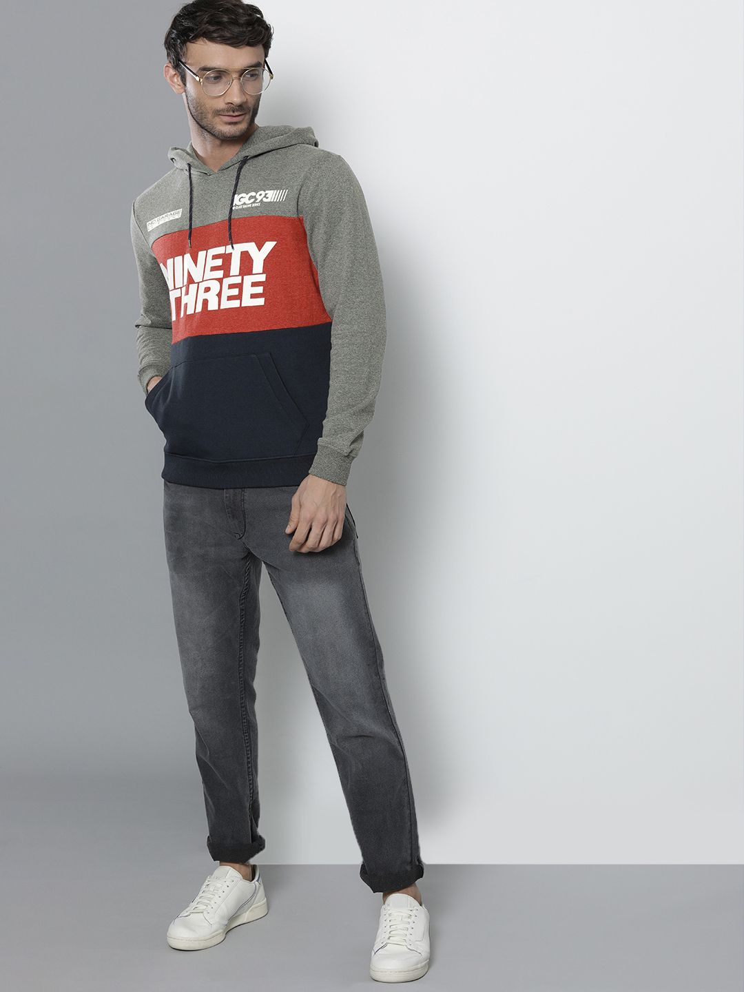 The Indian Garage Co Men Charcoal Colourblocked Hooded Sweatshirt