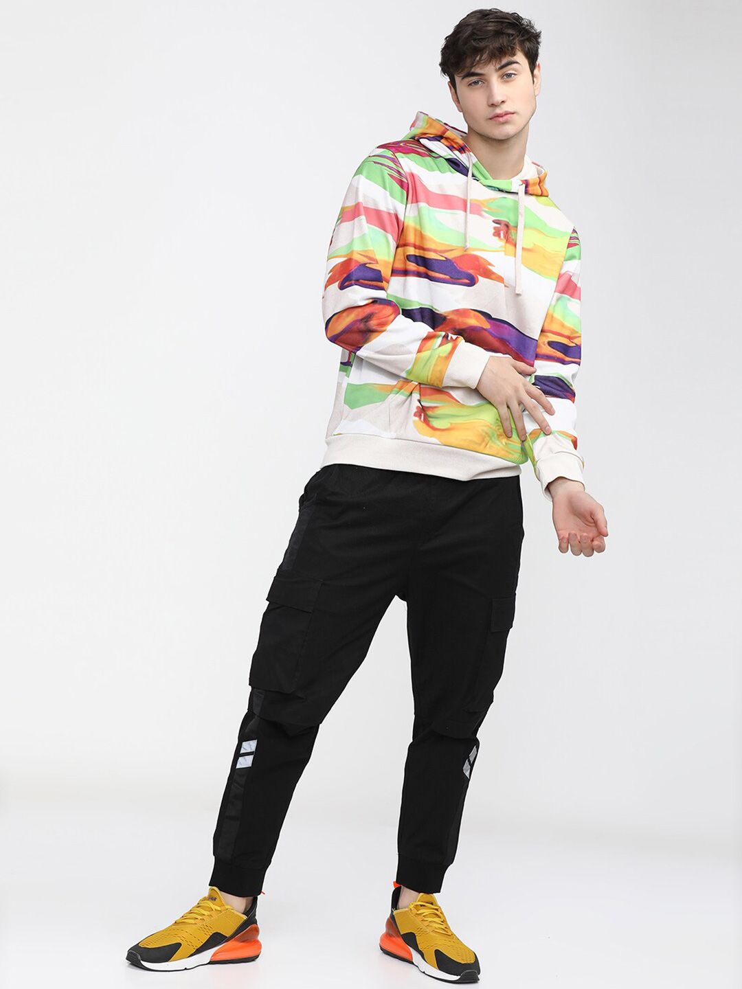 HIGHLANDER Men Cream-Coloured & Green Printed Hooded Sweatshirt