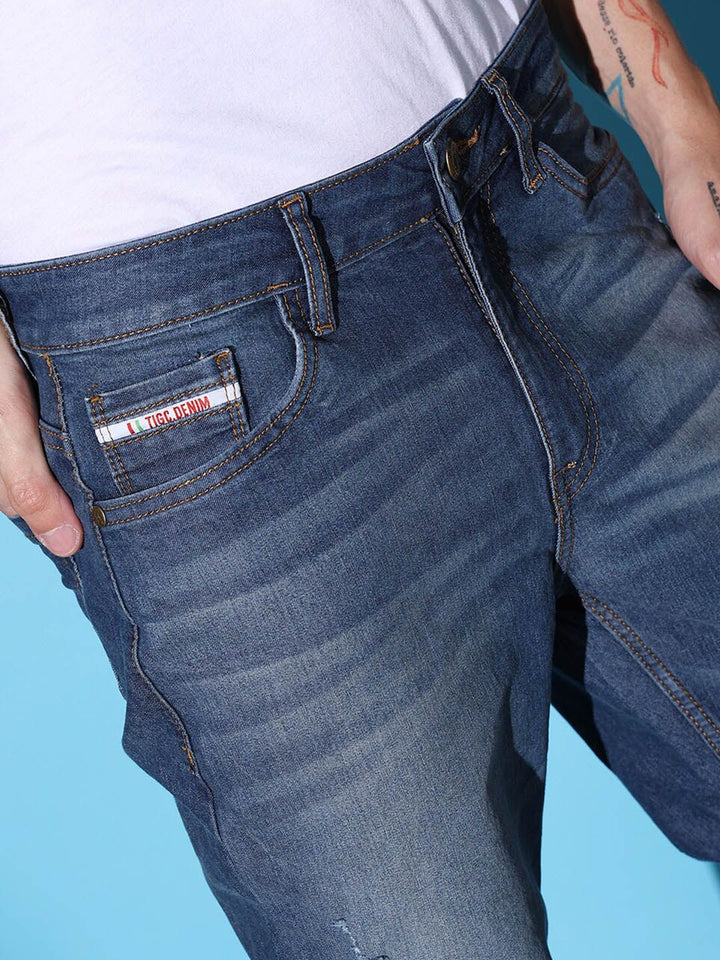 The Indian Garage Co Men Navy Blue  Slim Fit Low Distressed Heavy Fade Stretchable Jeans