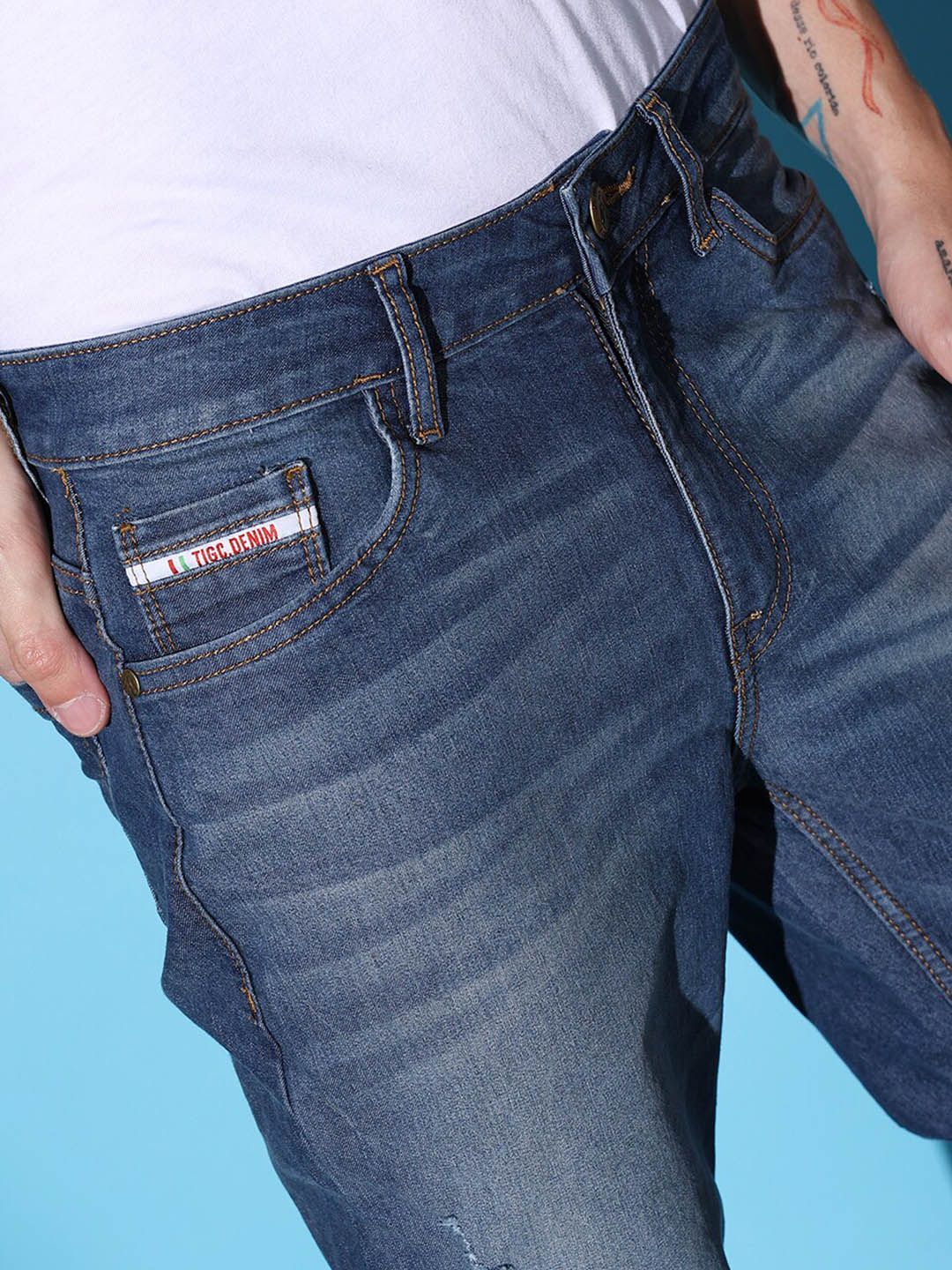 The Indian Garage Co Men Navy Blue  Slim Fit Low Distressed Heavy Fade Stretchable Jeans