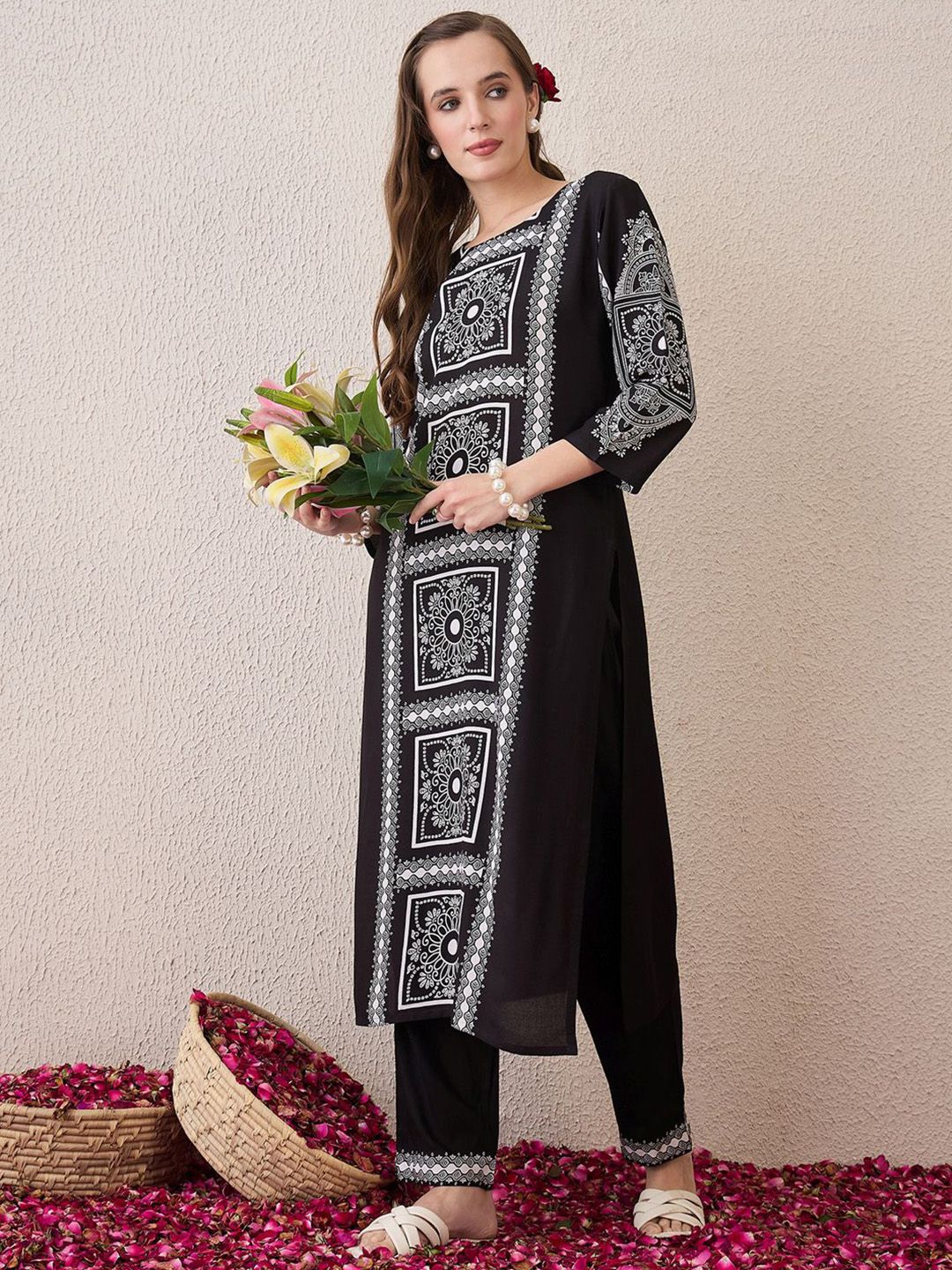Indo Era Floral Printed Round Neck Pure Cotton Straight Kurta With Trousers