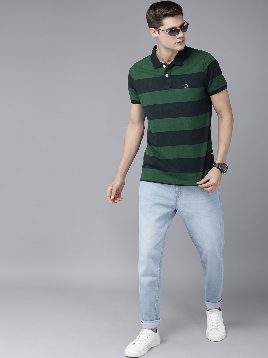 THE BEAR HOUSE Men Navy Blue  Green Striped Polo Collar Slim Fit Pure Cotton T-shirt