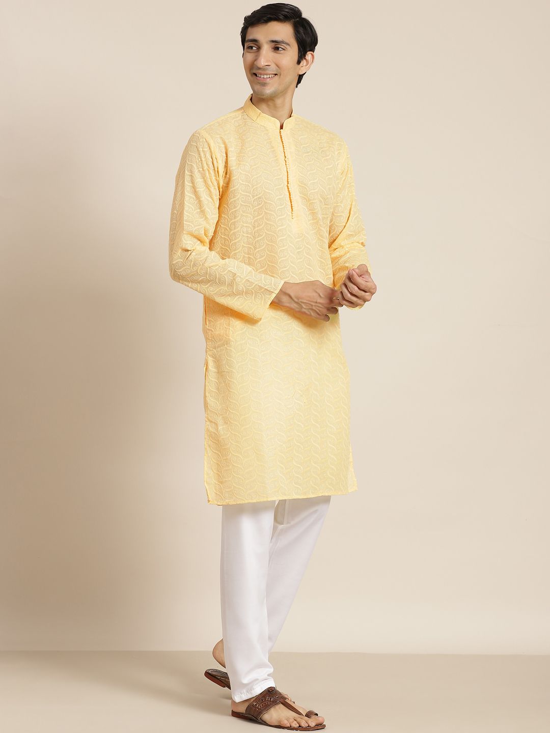 SOJANYA Men Yellow Ethnic Motifs Chikankari Pure Cotton Kurta with Churidar & Nehru Jacket