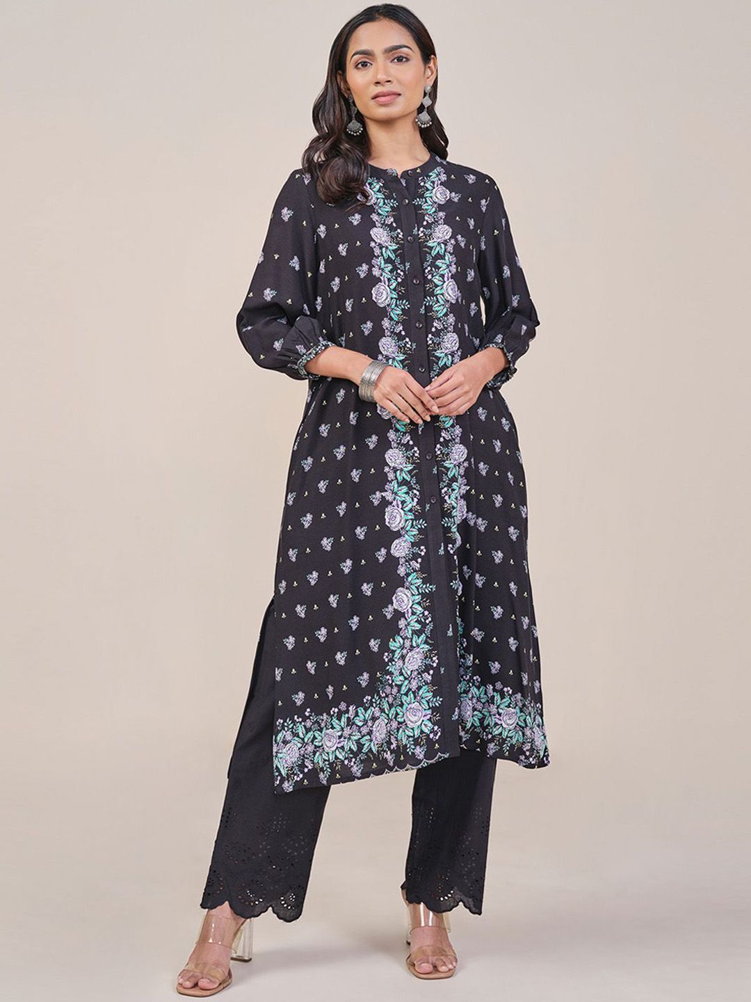 Global Desi Floral Printed Band Collar Straight Kurta