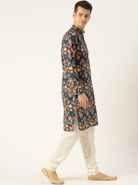 SOJANYA Men Teal Blue & Rust Orange Geometric Printed Straight Kurta