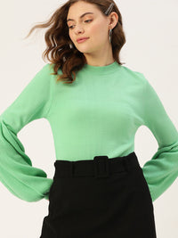 DressBerry Women Green Solid Puff Sleeve Pullover
