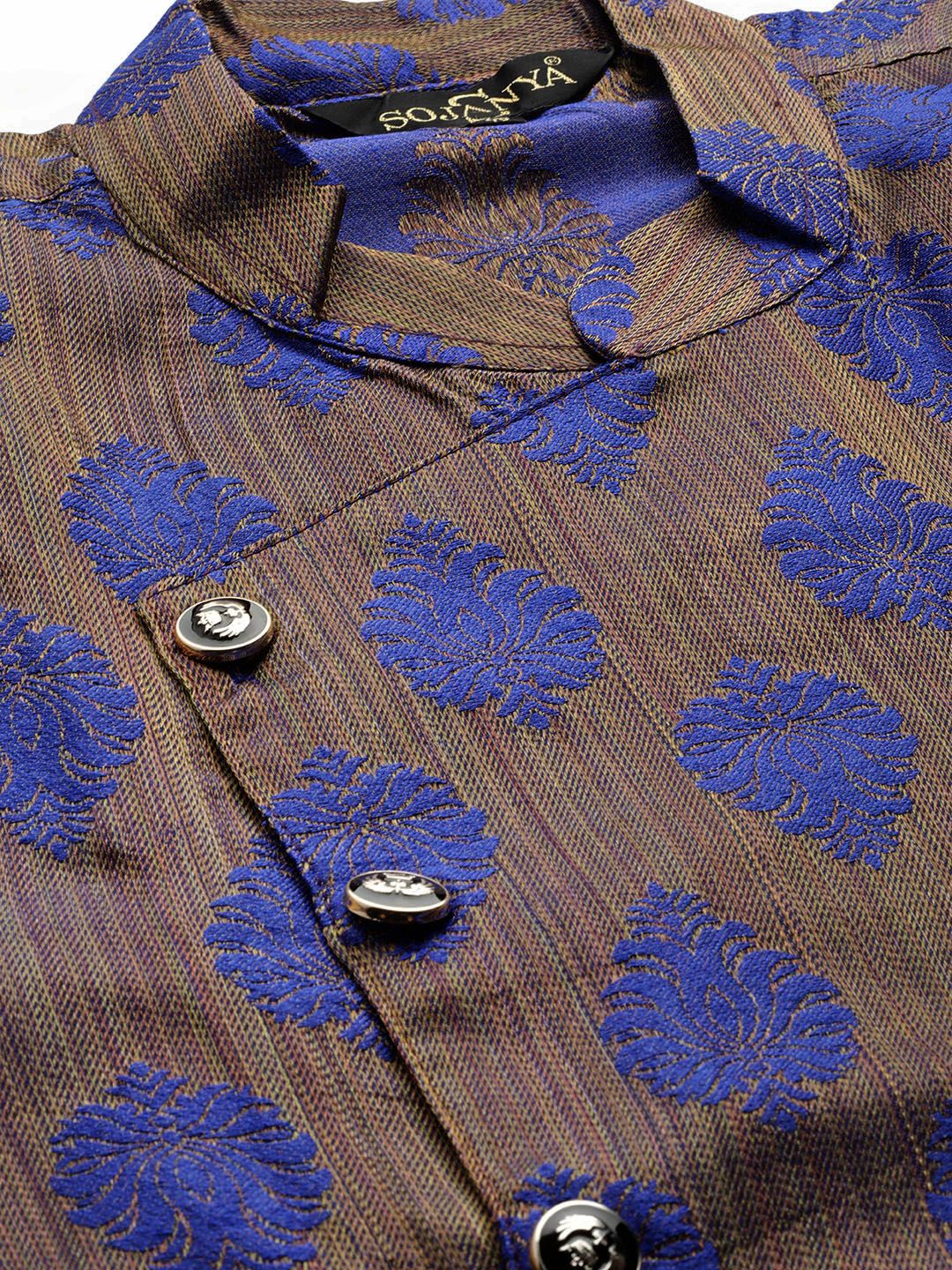 SOJANYA Lelaki Biru & Coklat Motif Etnik Jacquard Kurta