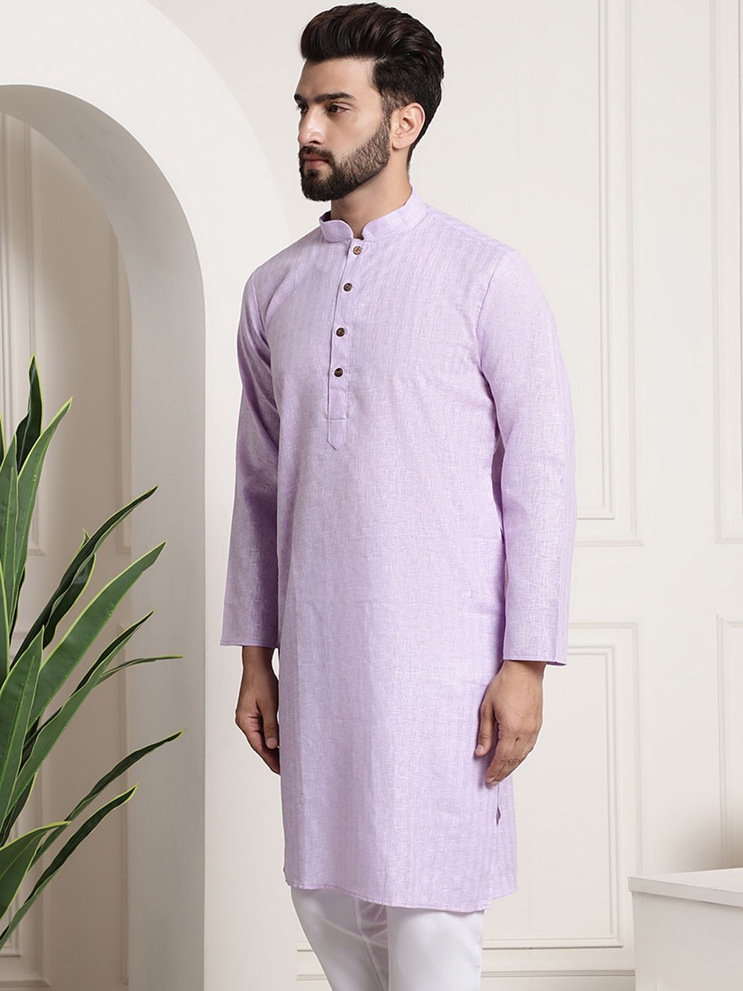 SOJANYA Men Purple Dobby Checked Straight Kurta