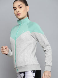 Alcis Women Grey Melange Colourblocked Sea Green Sporty Jacket