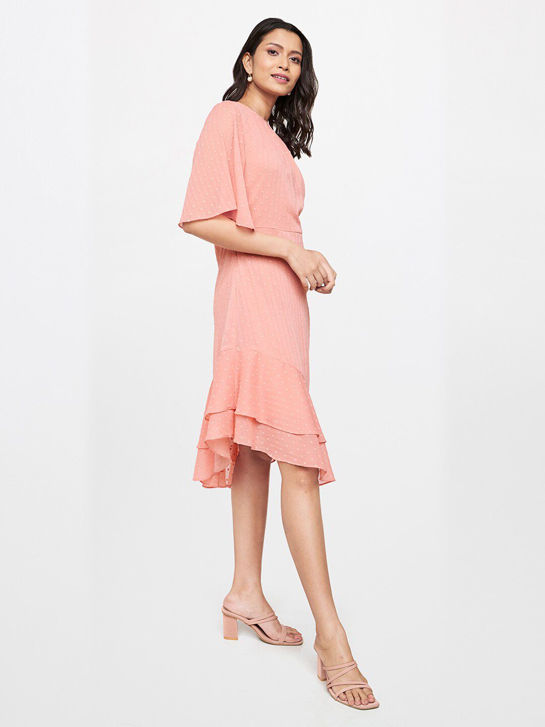 AND Peach-Coloured Dobby A-Line Dress