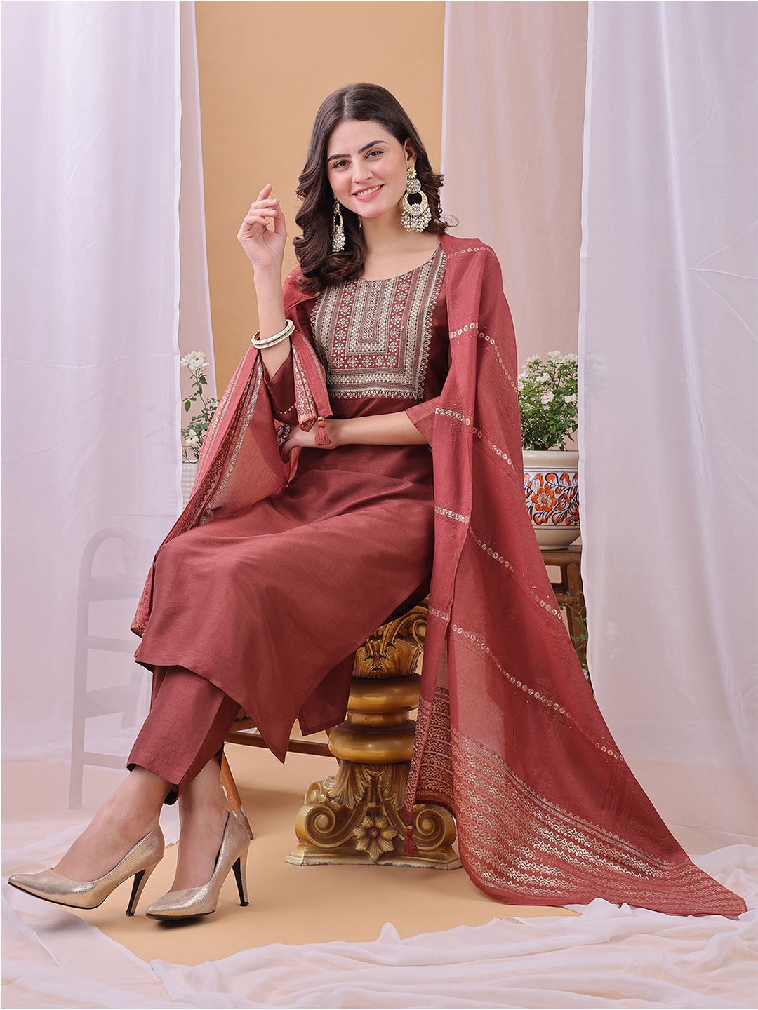 KALINI Yoke Design Sequinned Straight Kurta With Trousers And Dupatta