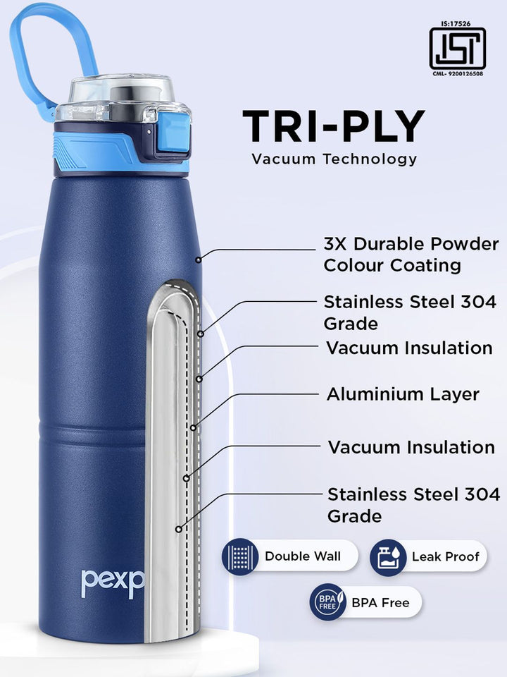 Pexpo Blue Printed Stainless Steel Double Wall Vacuum Water Bottle-940 ml