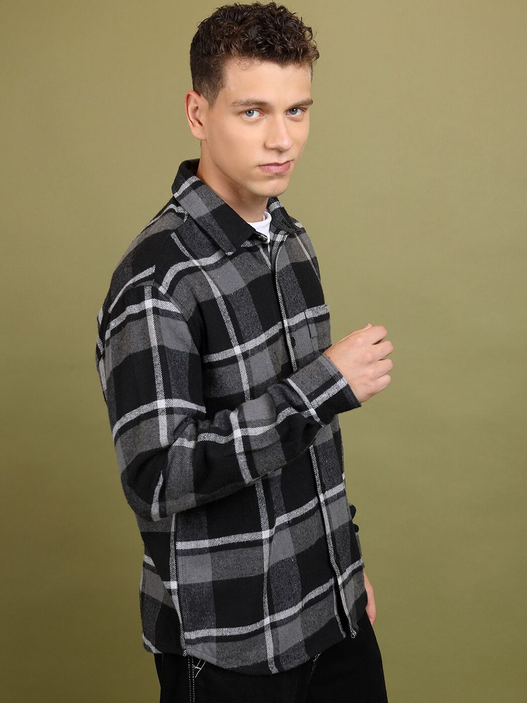 HIGHLANDER Checked Open Front Bomber Flannel Shirt