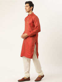 SOJANYA Lelaki Motif Etnik Merah Kurta Sutera Jacquard dengan Jaket Churidar & Nehru
