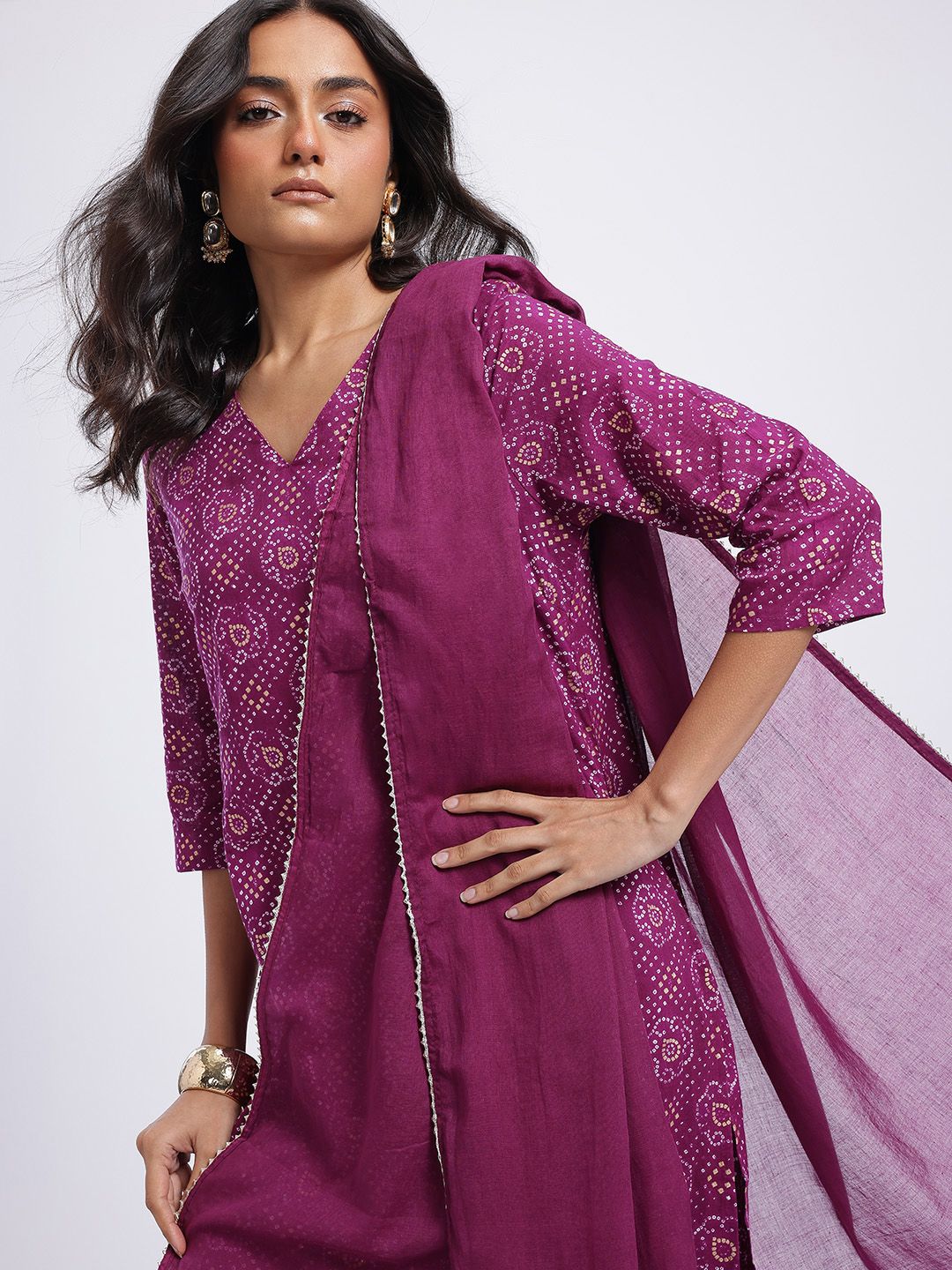 Anouk Women Bandhani Printed Gotta Patti Pure Cotton Kurta with Trousers & Dupatta