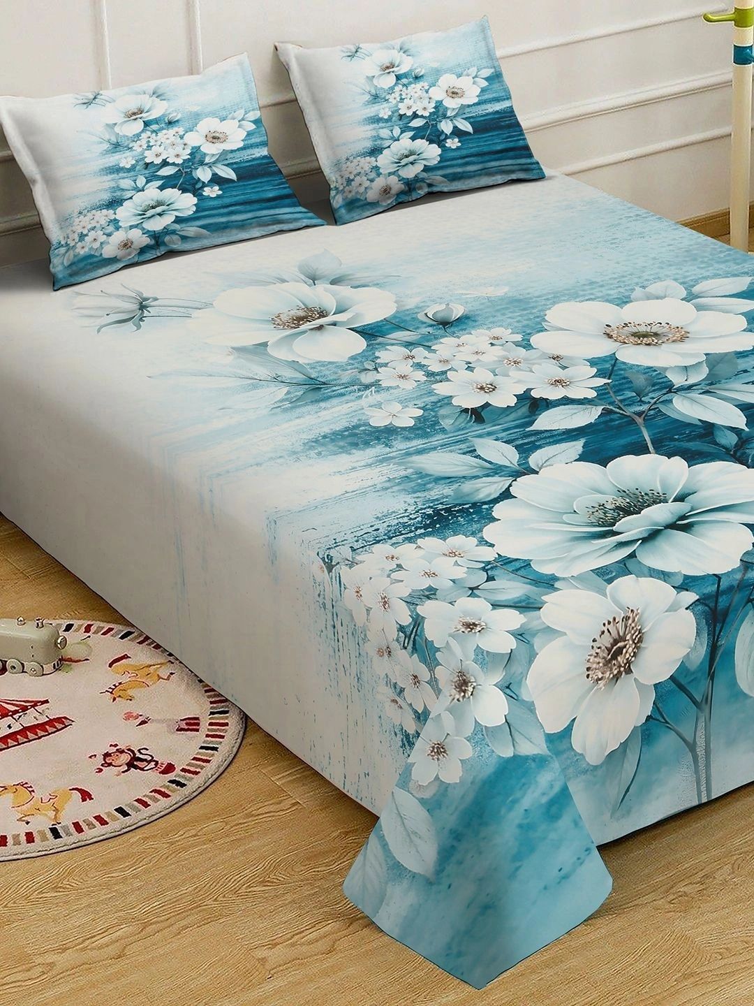Moda Rapido X KLOTTHE Blue & White Floral 400 TC King Bedsheet with 2 Pillow Covers
