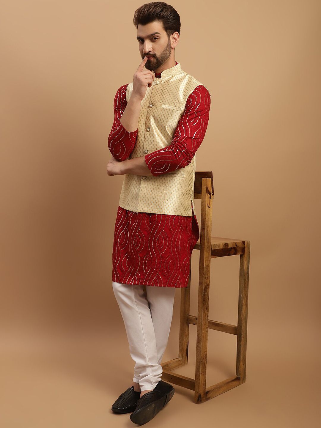 SOJANYA Embeoidered Sequinned Pure Cotton Kurta with Churidar & Woven Design Nehru Jacket