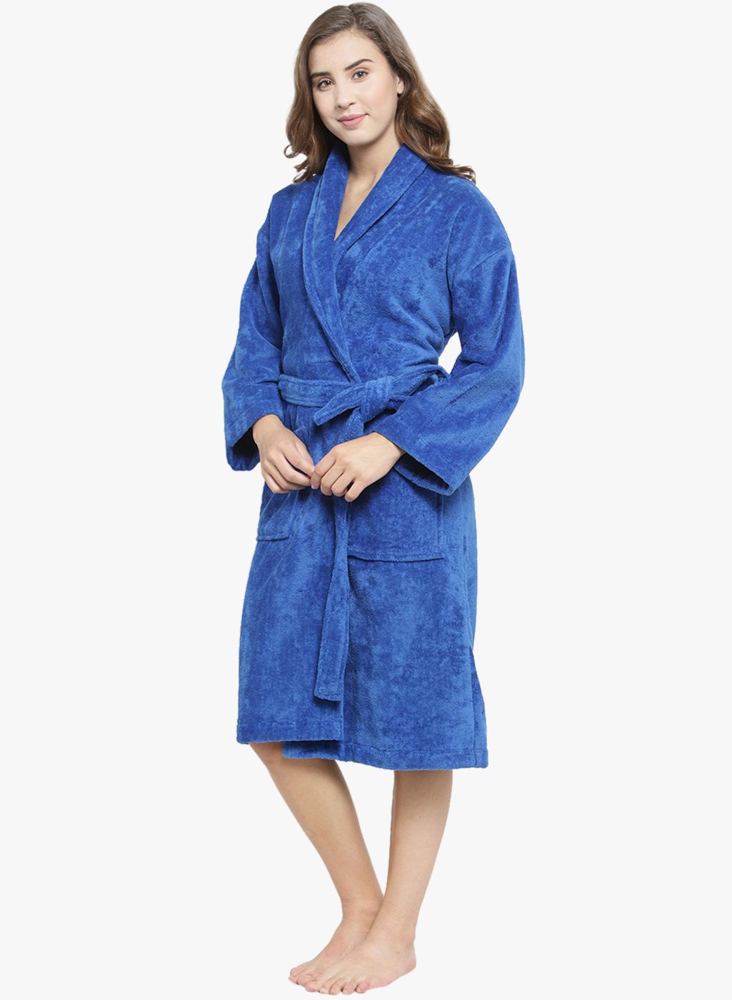 Women Navy Blue Solid Bath Robe