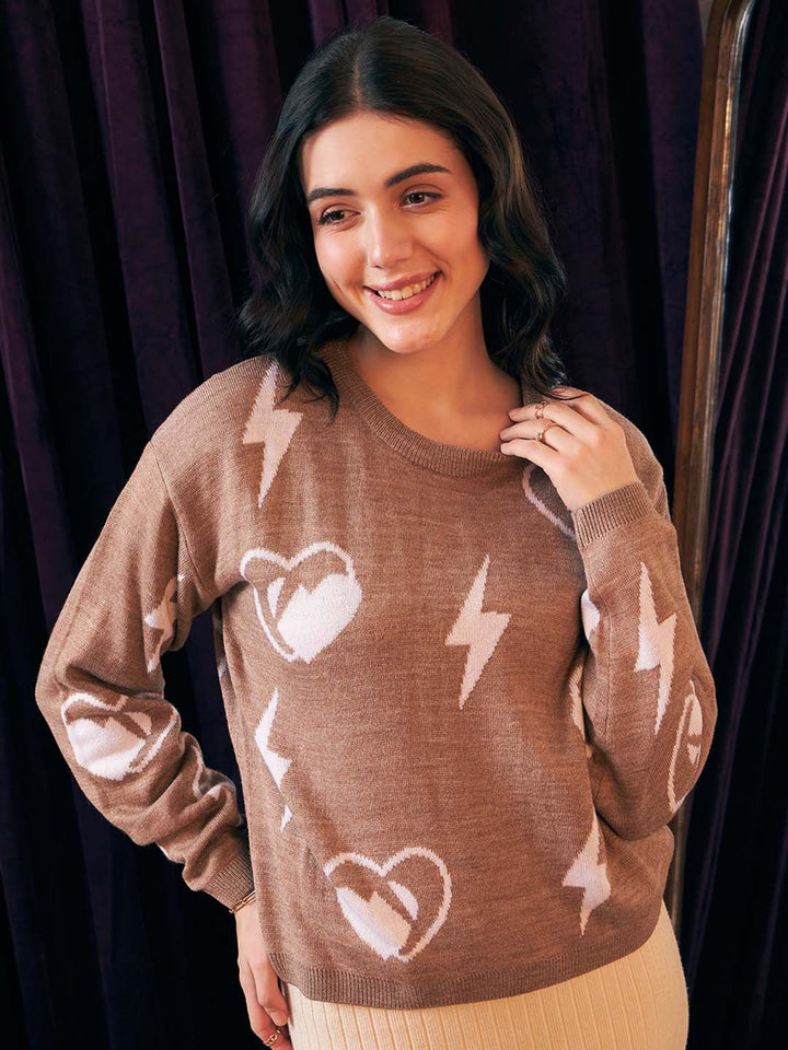 Berrylush Brown Graphic Printed Round Neck Acrylic Pullover Sweater