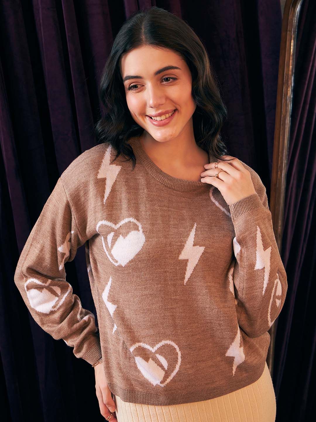 Berrylush Brown Graphic Printed Round Neck Acrylic Pullover Sweater