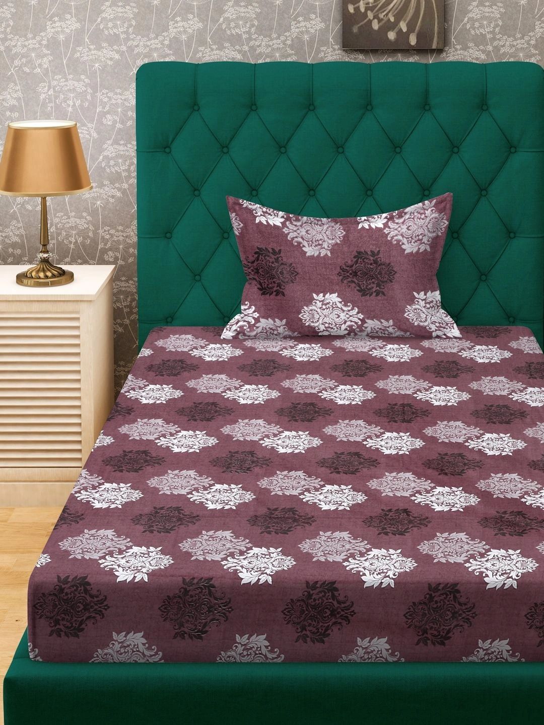 Myntra Elegant Homes Maroon Floral Cotton 400 TC Single Bedsheet with 1 Pillow Cover