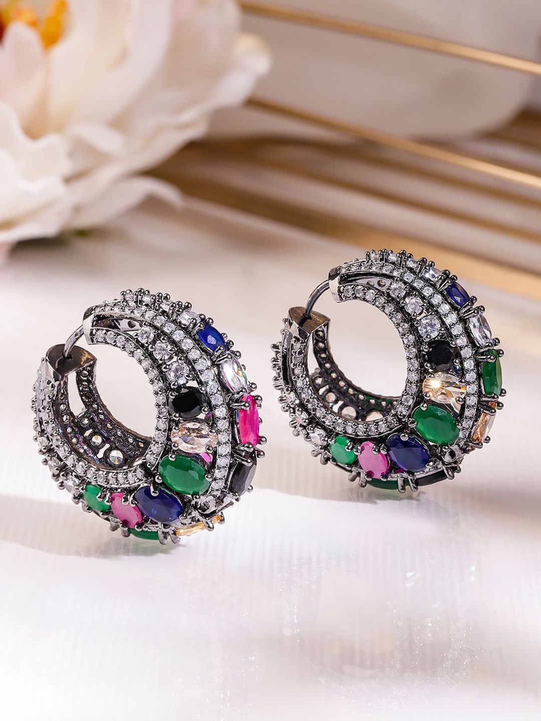 Rubans Black-Toned Multicolour Gemstone & Cubic Zirconia Studded Statement Hoop Earrings