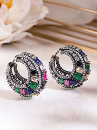Rubans Black-Toned Multicolour Gemstone & Cubic Zirconia Studded Statement Hoop Earrings