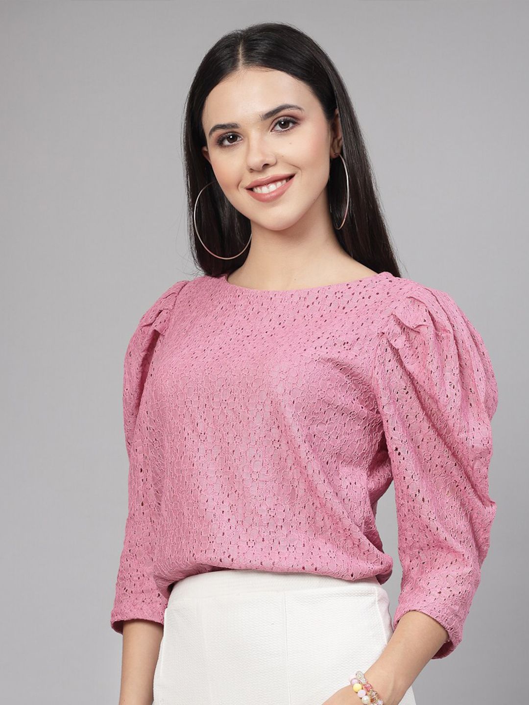 Style Quotient Schiffli Puff Sleeve Cotton Regular Top
