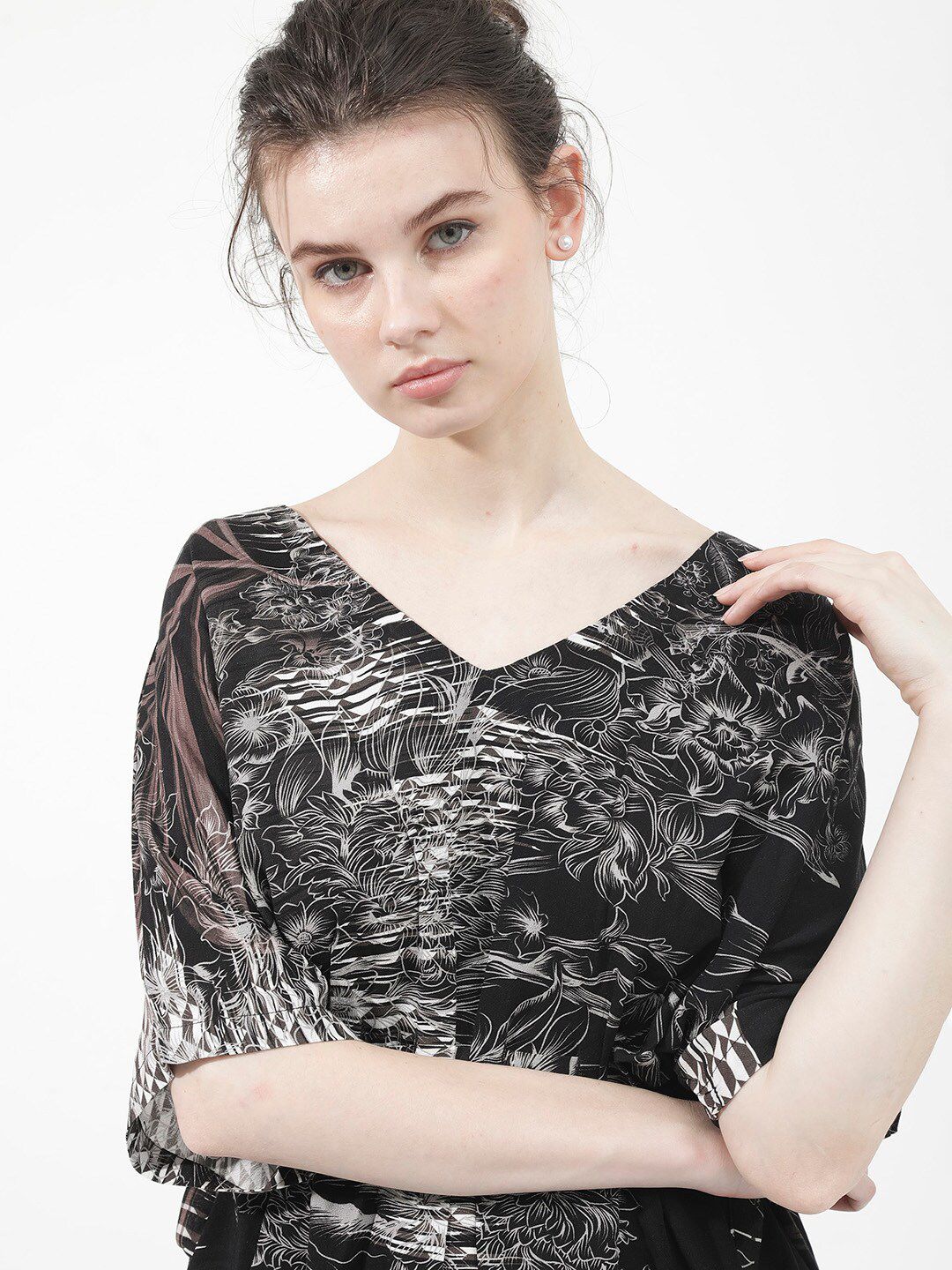 RAREISM Printed Kimono Sleeve V-Neck Cinched Waist Top